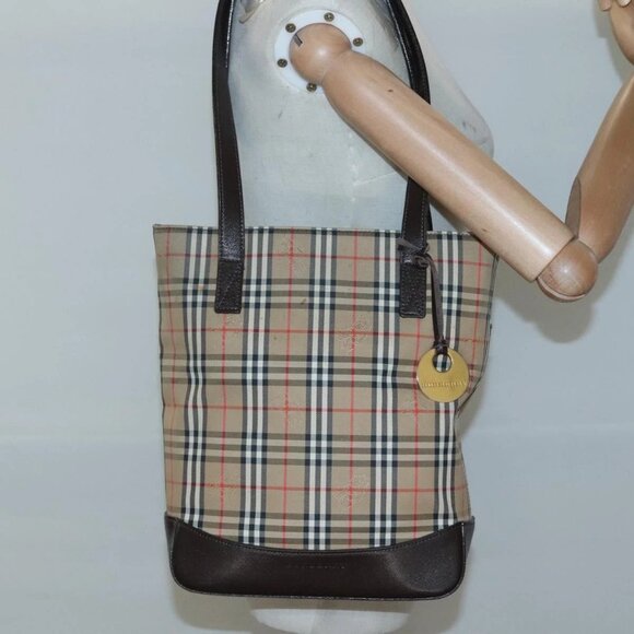 BURBERRY Nova Check Tote Bag Canvas Beige Gold Auth 121552 - Picture 3 of 16